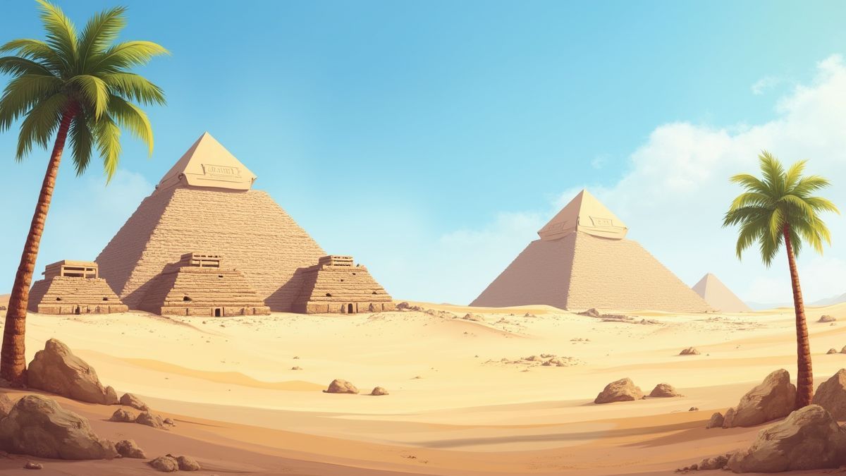 Egyptian desert with pyramids and palm trees under a blue sky.
