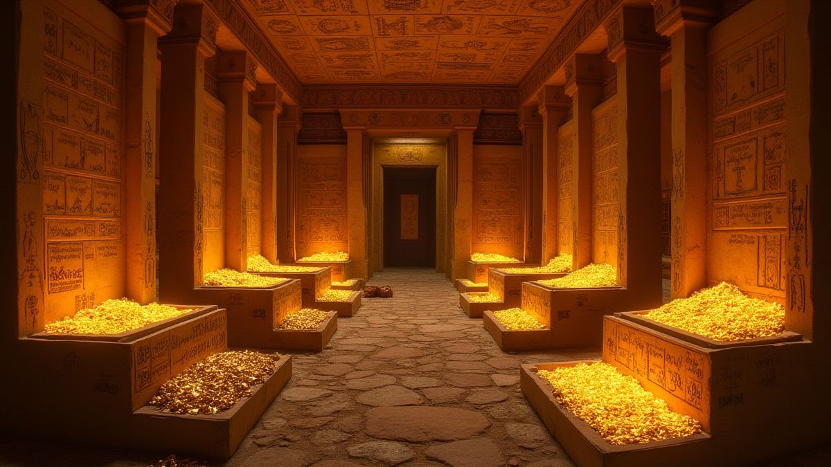 Egyptian treasure room filled with golden artifacts and glowing treasures.