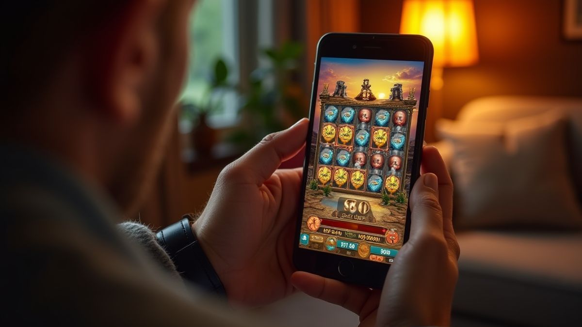 Person playing an Egyptian-themed slot on a mobile device.