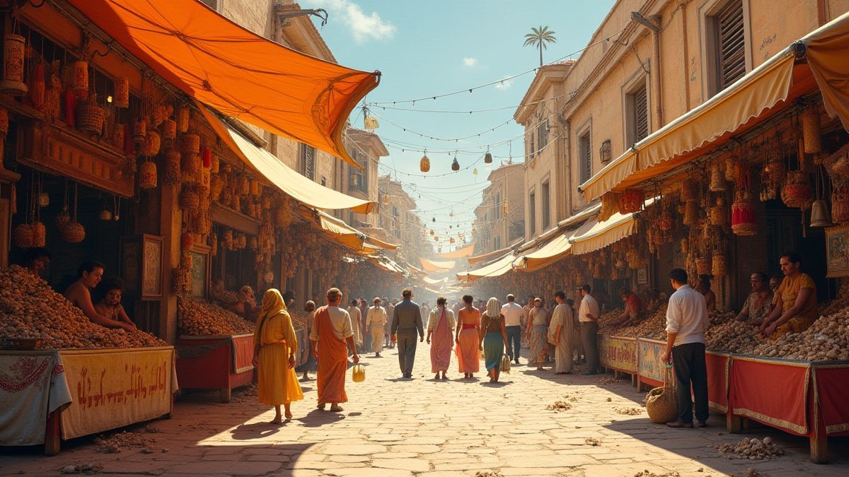 Um mercado egípcio animado cheio de cores vibrantes e atividade.