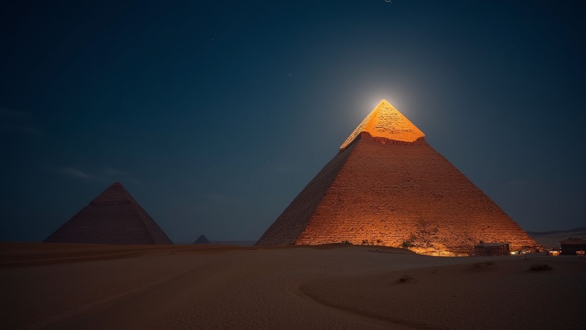 Deserto egípcio com uma pirâmide iluminada sob a luz da lua.