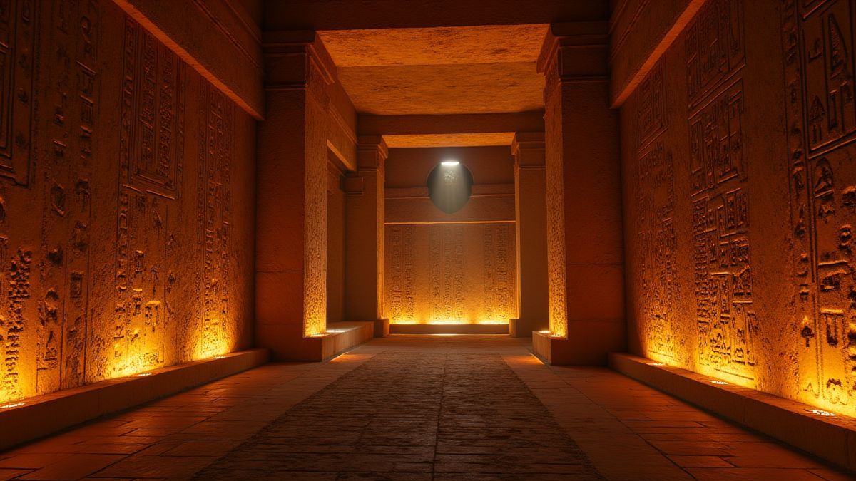 Tumba egípcia mística com hieróglifos brilhantes nas paredes.