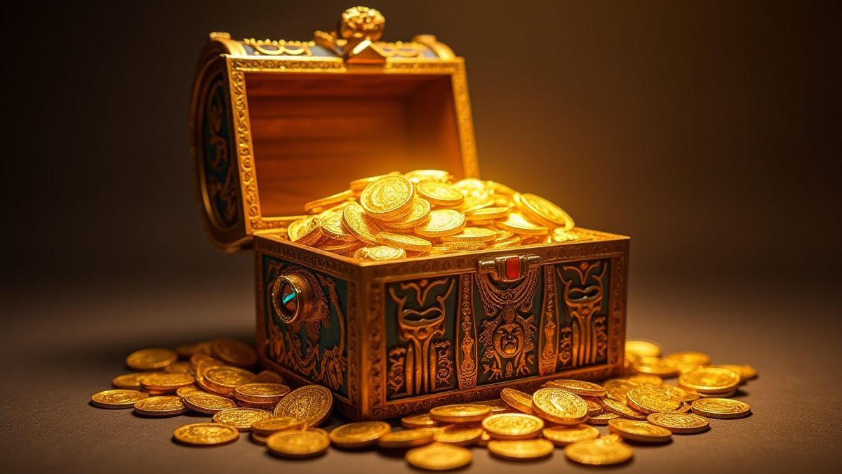 Cofre do tesouro egípcio cheio de moedas de ouro e joias.