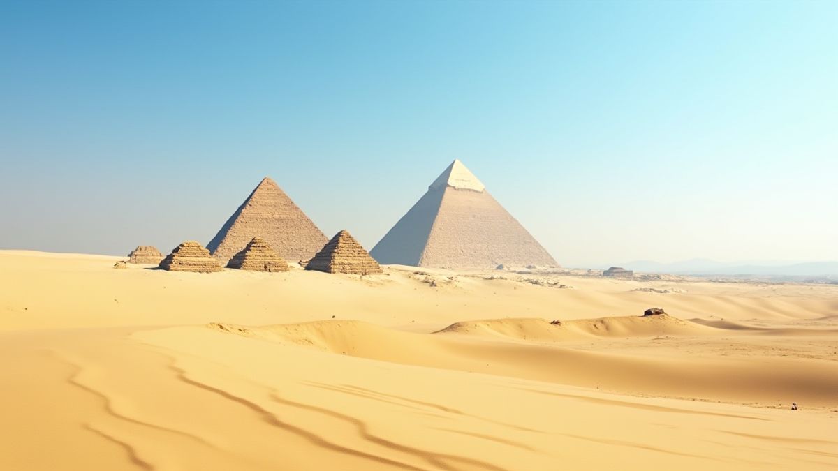 Pirámide egipcia rodeada de arena dorada bajo un cielo azul.