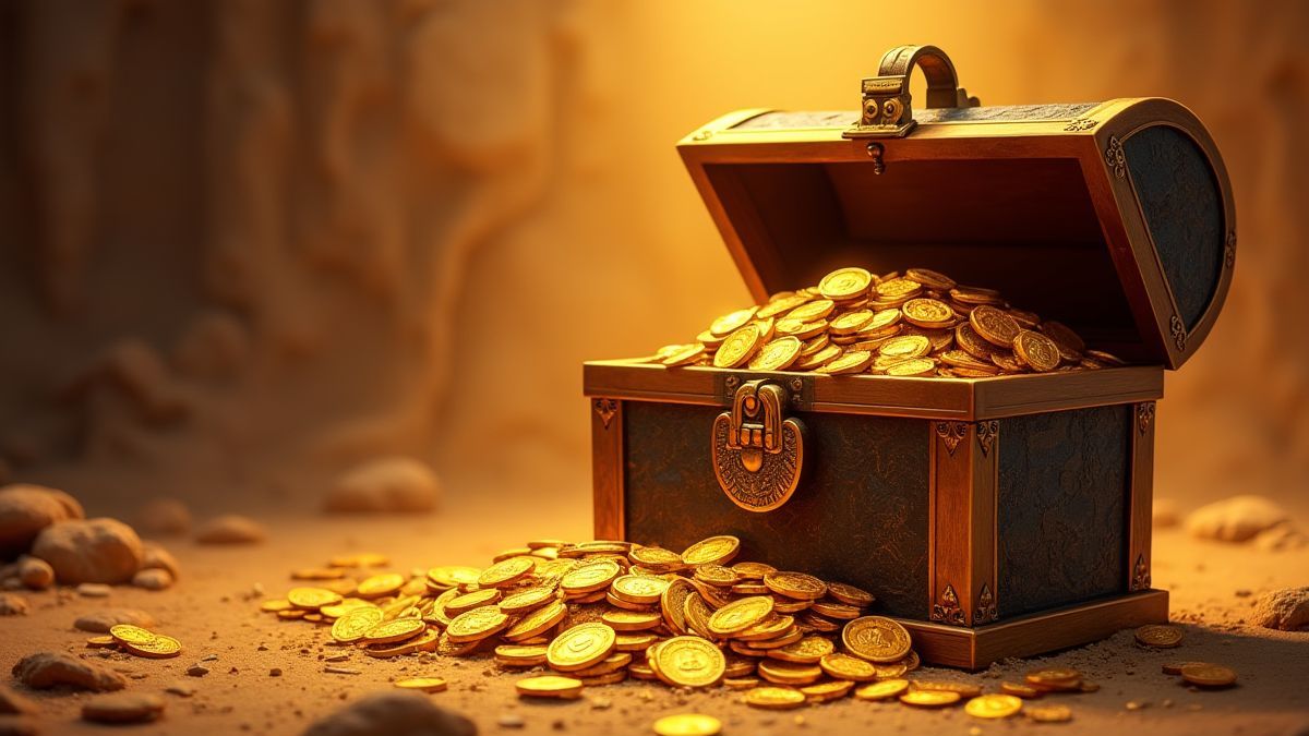 Monedas doradas y tesoros saliendo de un cofre egipcio antiguo.