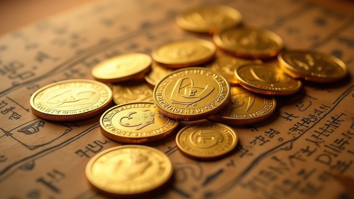 Monedas doradas y jeroglíficos egipcios sobre un mapa del tesoro.