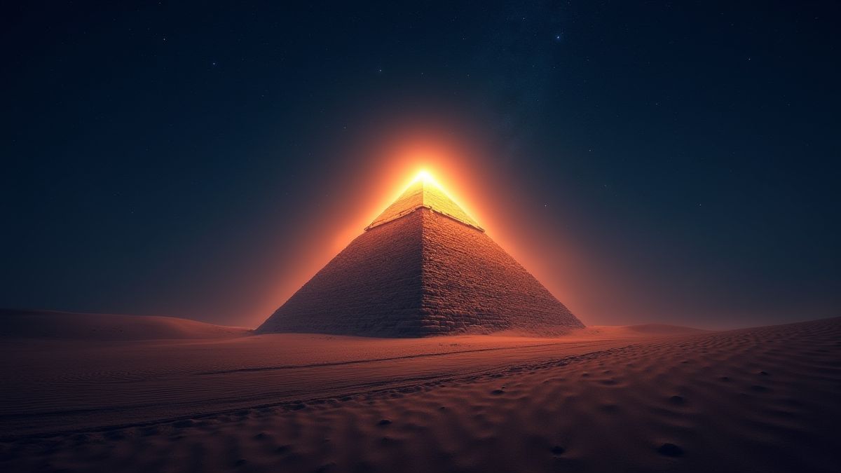 Una pirámide iluminada en medio del desierto bajo un cielo estrellado.