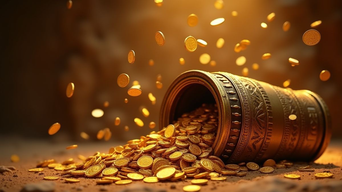 Monedas y tesoros dorados saliendo de un sarcófago antiguo.