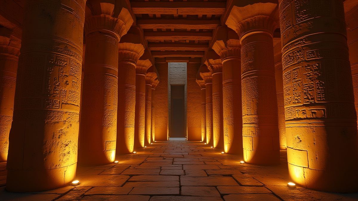 Interior de un templo egipcio con jeroglíficos iluminados.