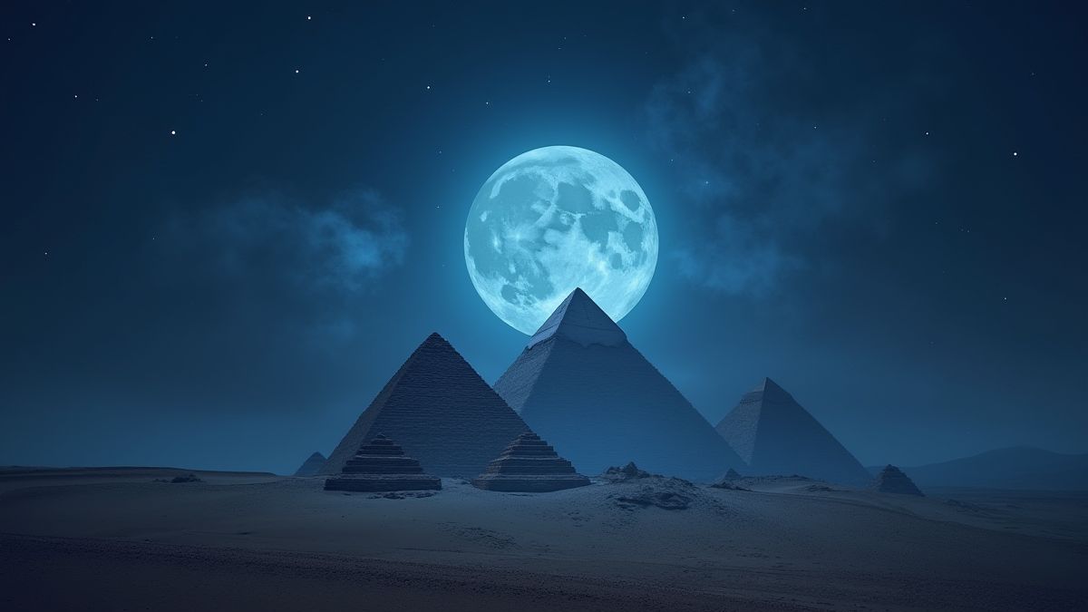 Desierto egipcio con pirámides bajo la luz de la luna.