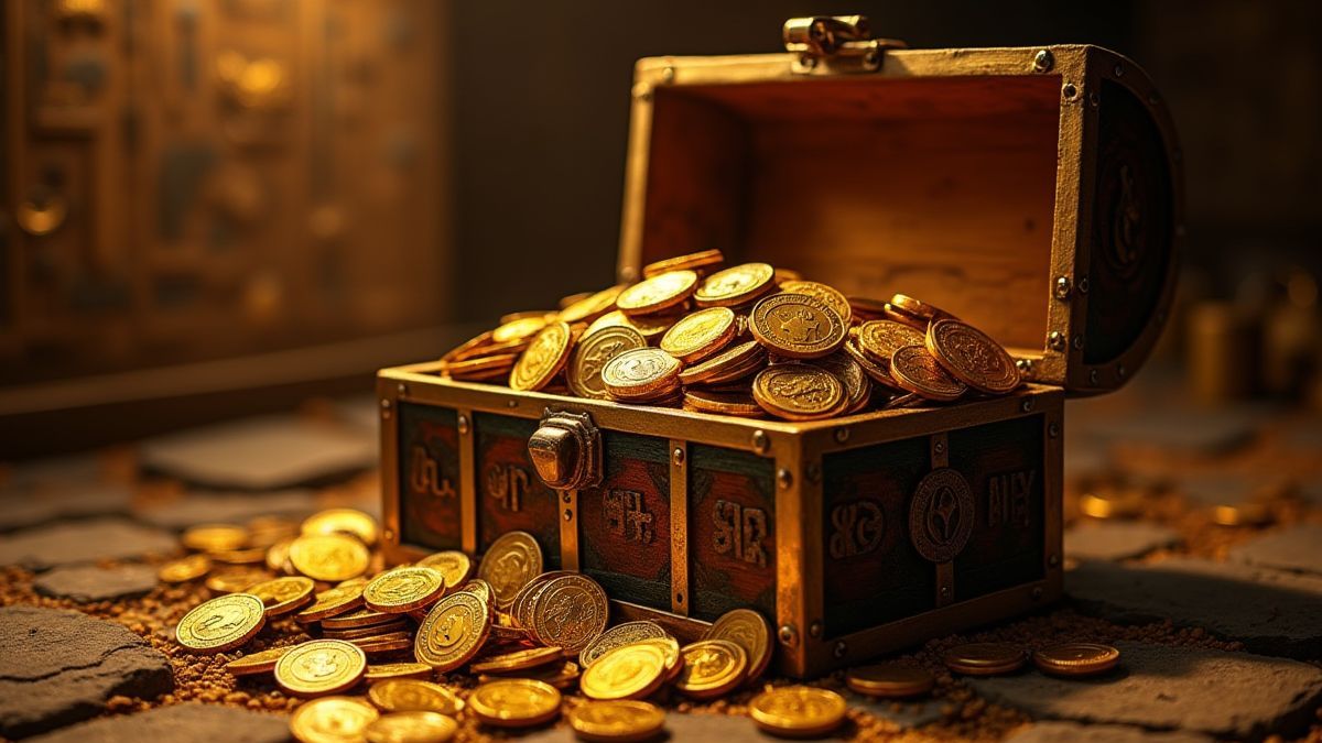 Un cofre del tesoro lleno de monedas de oro y joyas en una tumba egipcia.
