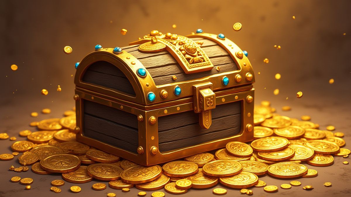 Un cofre del tesoro egipcio lleno de monedas doradas y joyas.