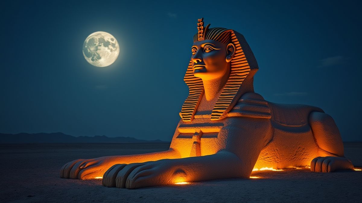 Una esfinge egipcia mística iluminada por la luz de la luna.