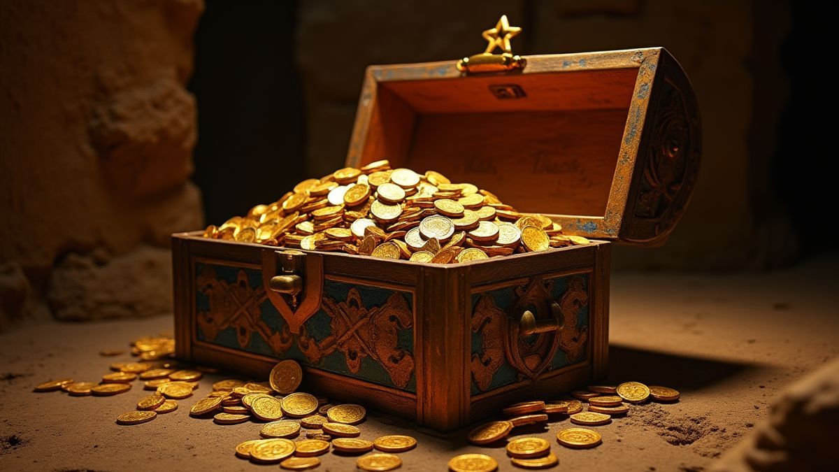 Cofre del tesoro egipcio lleno de monedas de oro y joyas en una tumba.