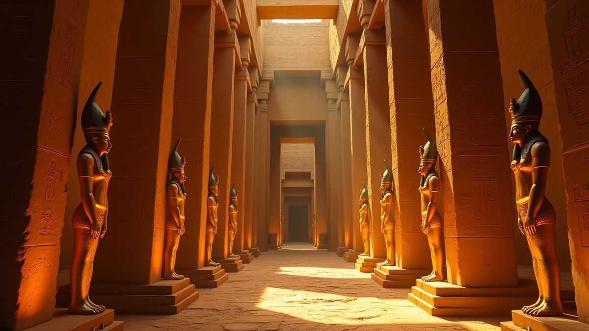 Interior de un templo egipcio con jeroglíficos iluminados y estatuas doradas.