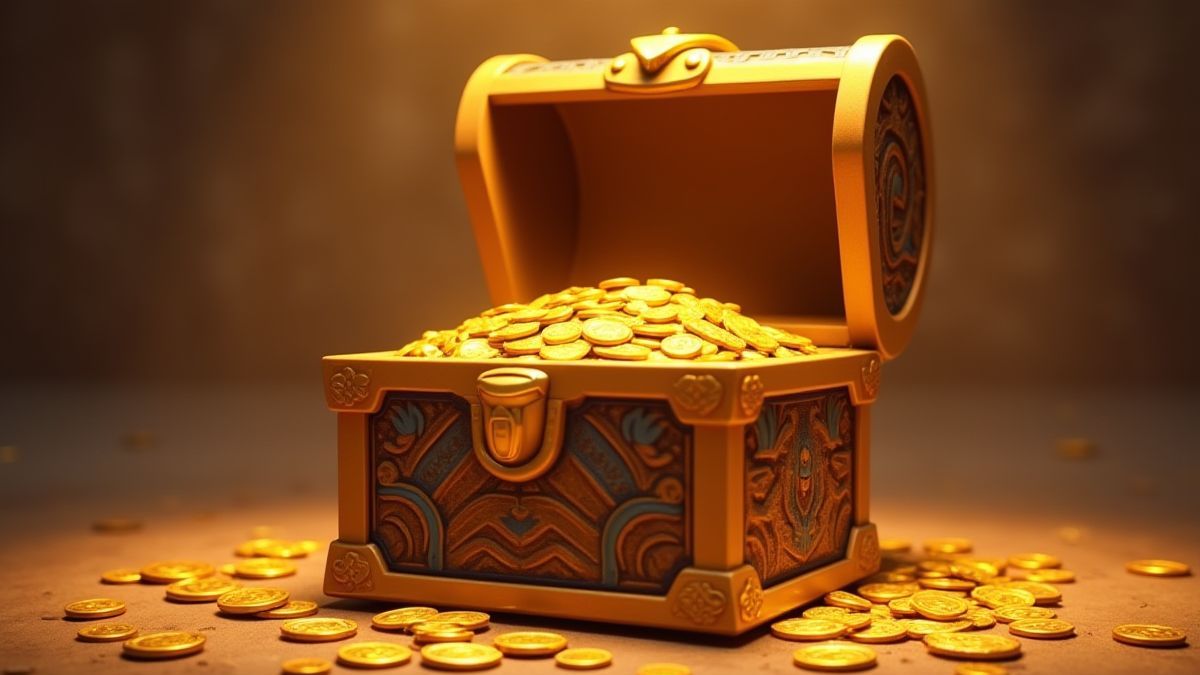 Cofre del tesoro egipcio lleno de monedas de oro.