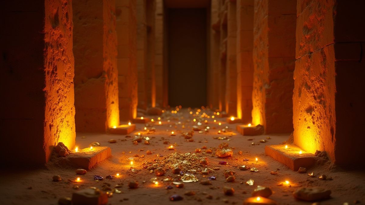 Interior de uma tumba egípcia com gemas e artefatos dourados.