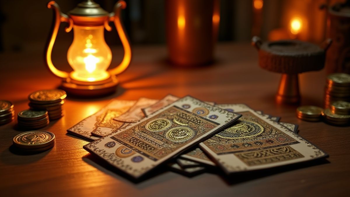 Mesa com cartas rasca e ganha temáticas egípcias e uma lâmpada.