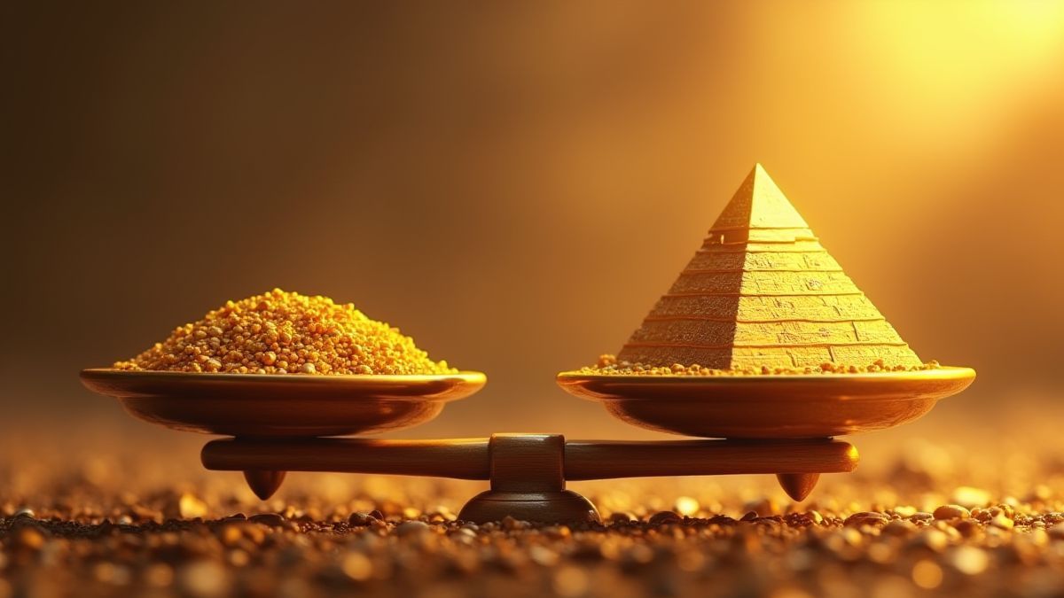 Waage, die eine goldene Pyramide und moderne Slotmerkmale abgleicht