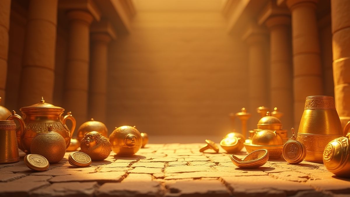 Gouden Egyptische artefacten op een achtergrond van stenen tabletten.