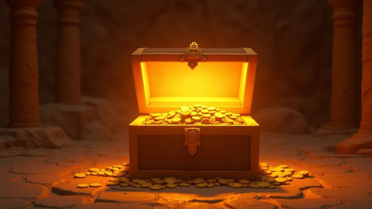 Een schatkist vol gouden munten in een oude Egyptische tombe.