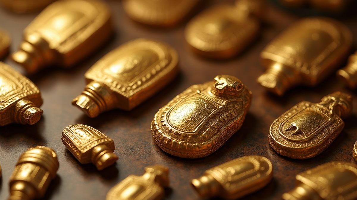 Escarabajos dorados y artefactos egipcios antiguos.