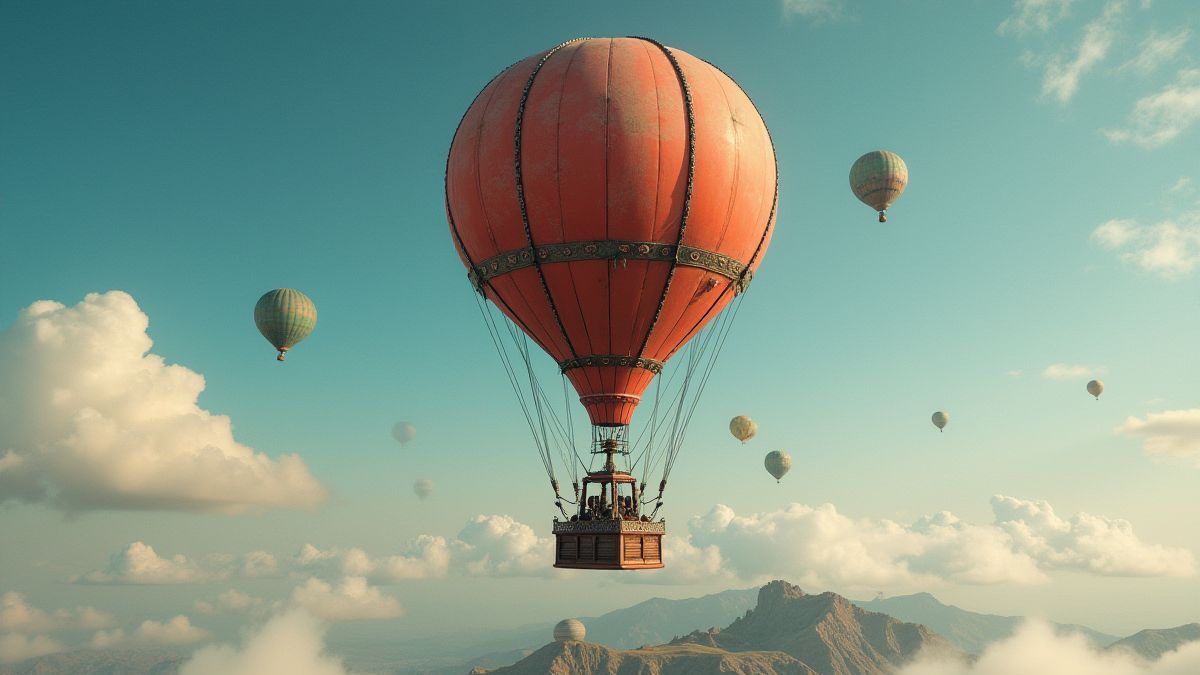 Globo aerostático estilo steampunk sobre un mapa del mundo.