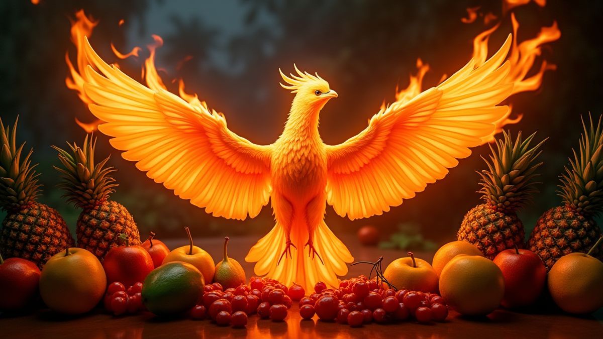 A phoenix in flames surrounded by tropical fruits