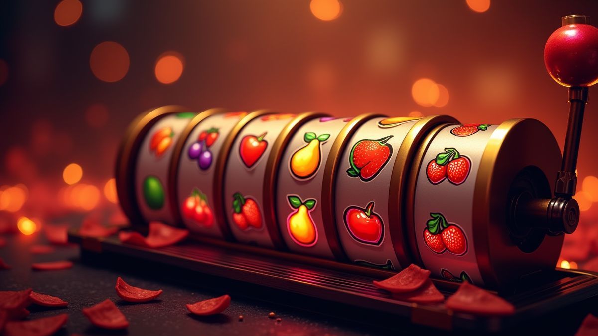 Player spinning reels with fruit symbols in a fiery setting