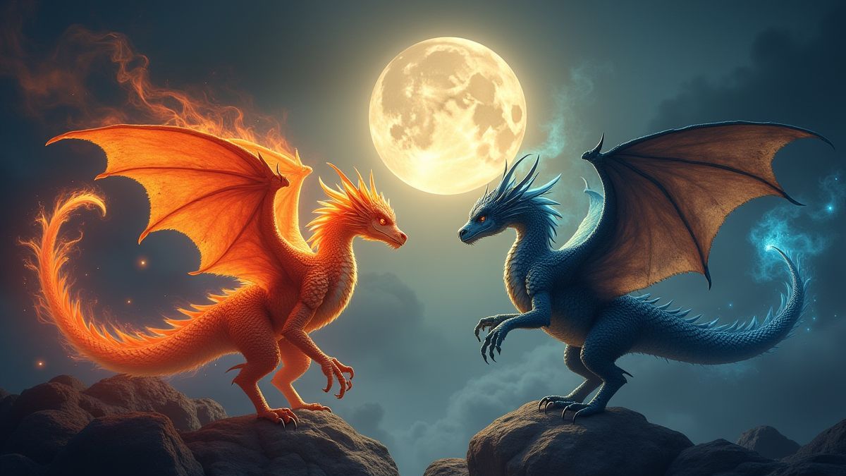 Un fénix y un dragón enfrentándose bajo una luna brillante.