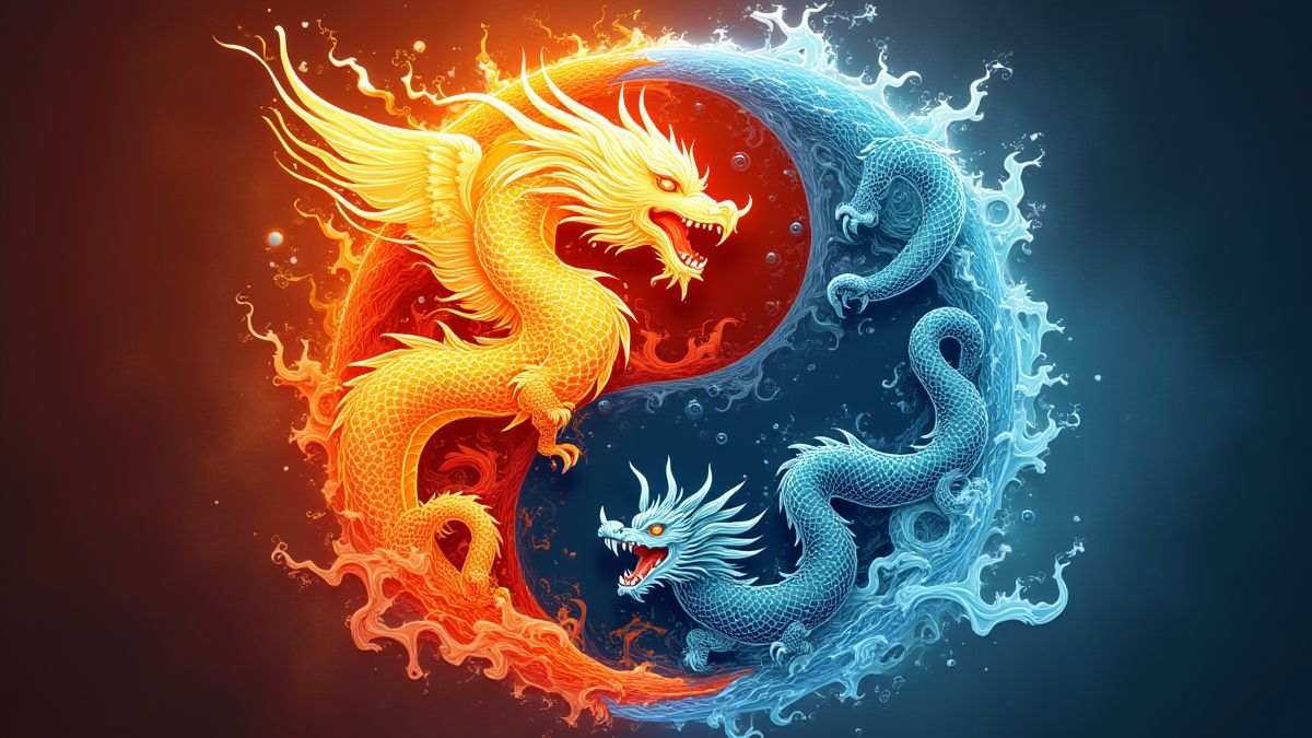 Un símbolo yin-yang dividido entre fénix ardiente y dragón acuático.