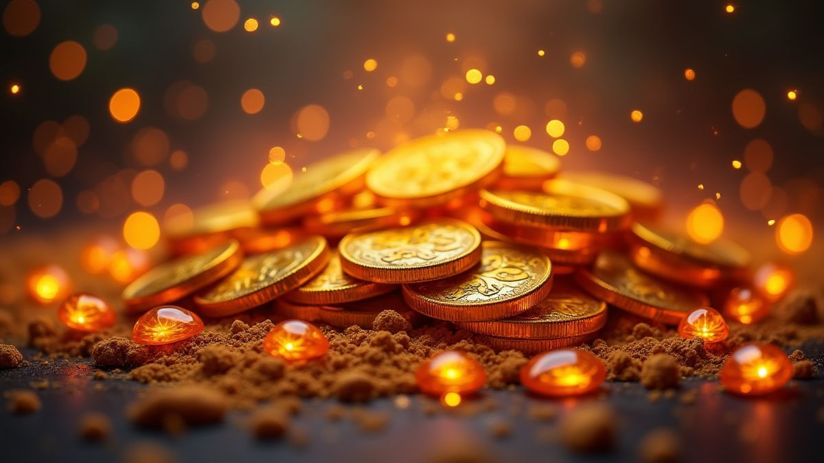 Goldene Münzen und funkelnde Edelsteine in einer magischen Umgebung.