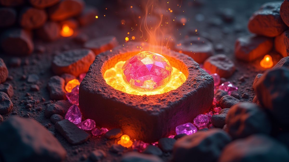 Uma forja brilhante rodeada de gemas e fogo mágico.