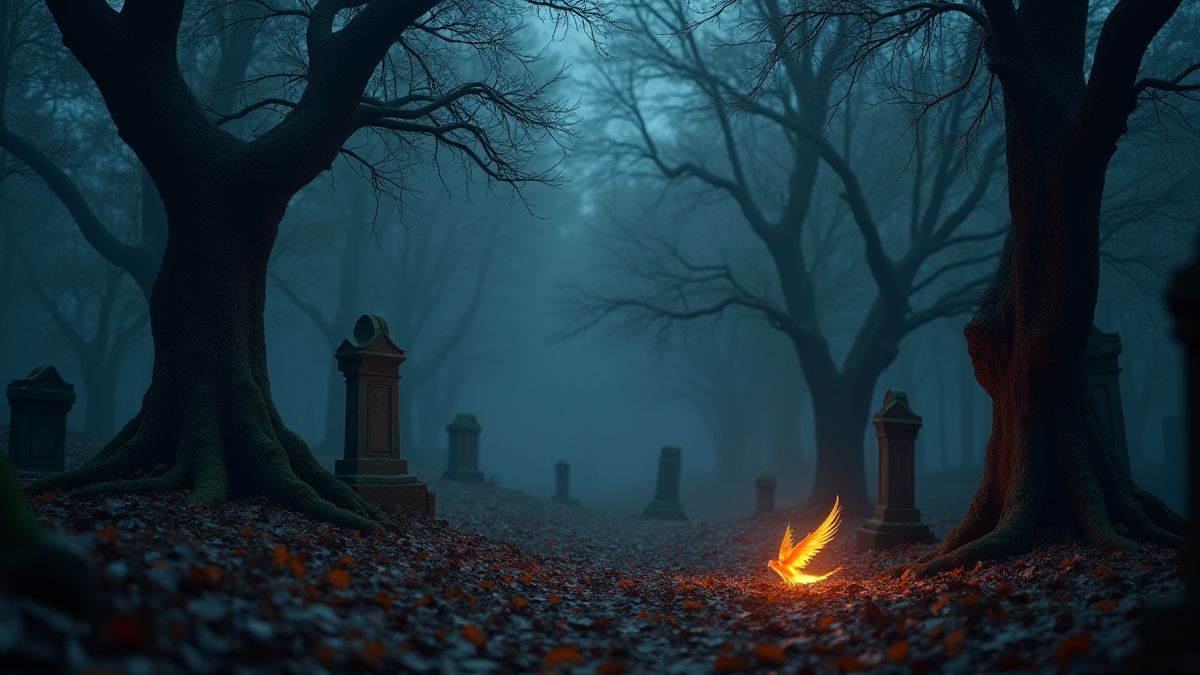 Een begraafplaats met kromme bomen en gloeiende fenixveren op de grond.