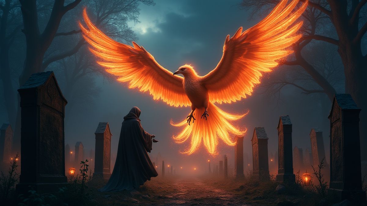 Een fenix die boven gloeiende grafstenen zweeft en vecht tegen de Grim Reaper.
