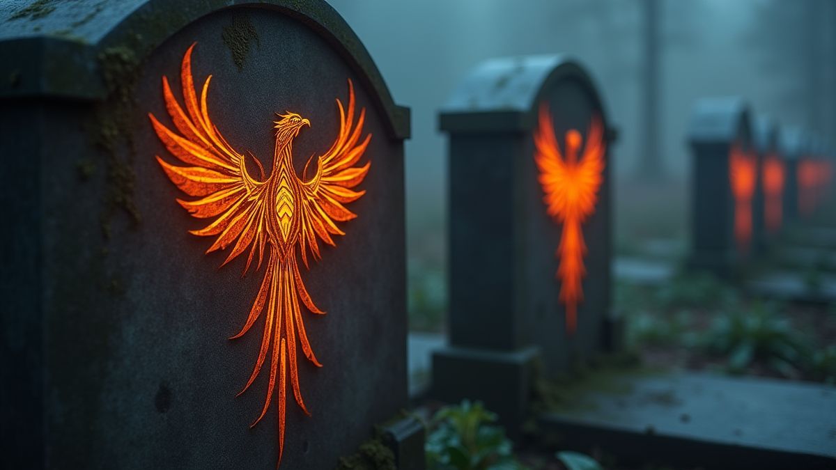 Gedetailleerde grafstenen met gloeiende fenixveren en een griezelige mist.