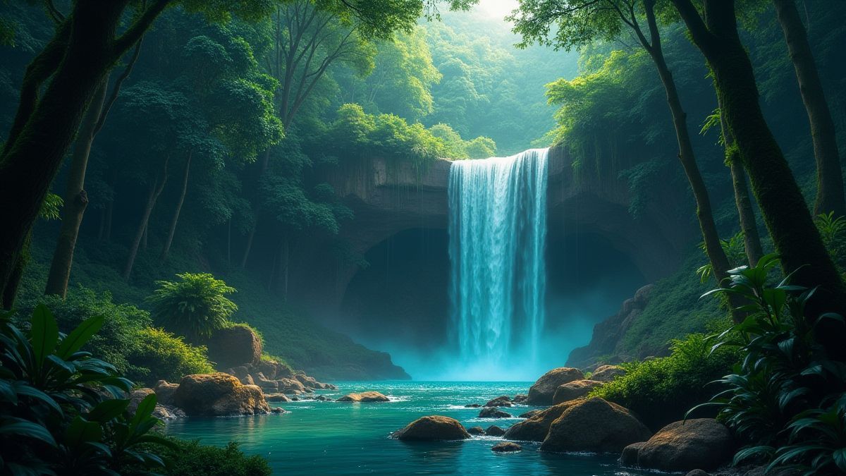 Una jungla frondosa con cascadas brillantes y luces mágicas.
