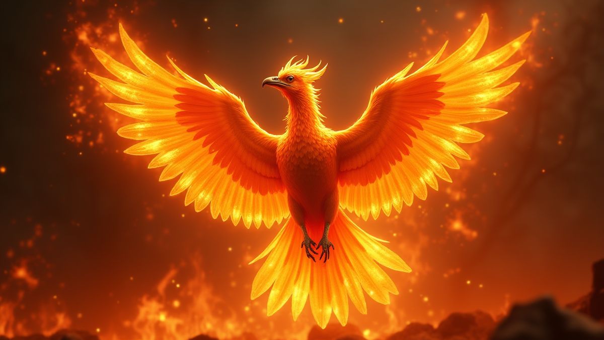 Un fénix emergiendo de las llamas con plumas brillantes.