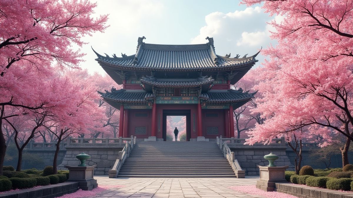 Um templo chinês antigo rodeado de flores de cerezo na primavera.