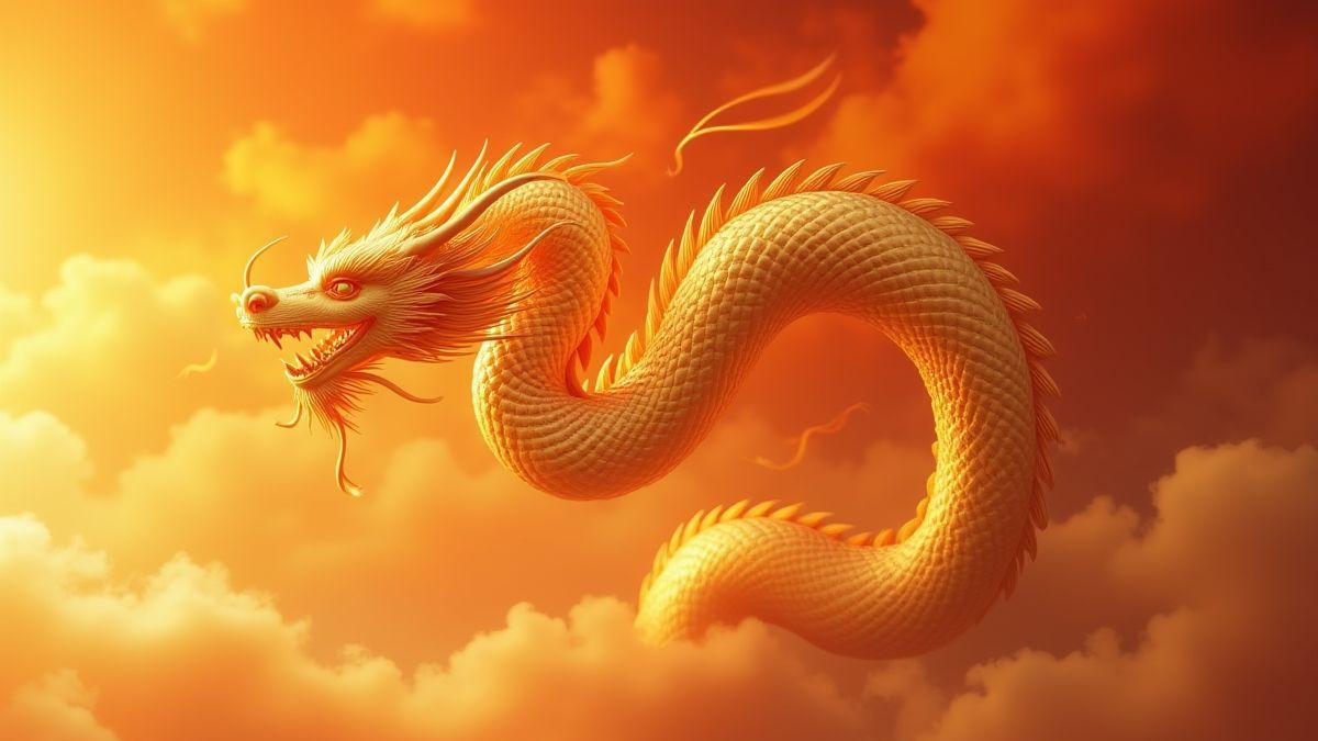 Um dragão dourado voando em um céu cheio de chamas.