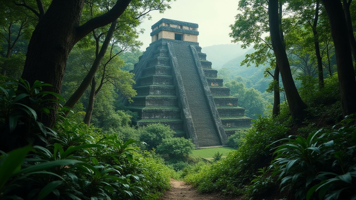 Een dichte jungle met een Azteeks tempel verborgen tussen de bomen.