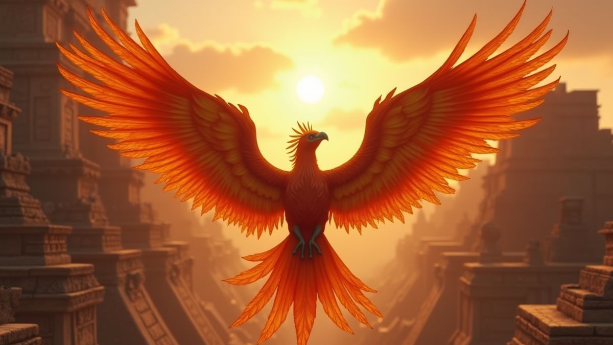 Animatie van een feniks die door een Azteeks tempel vliegt.