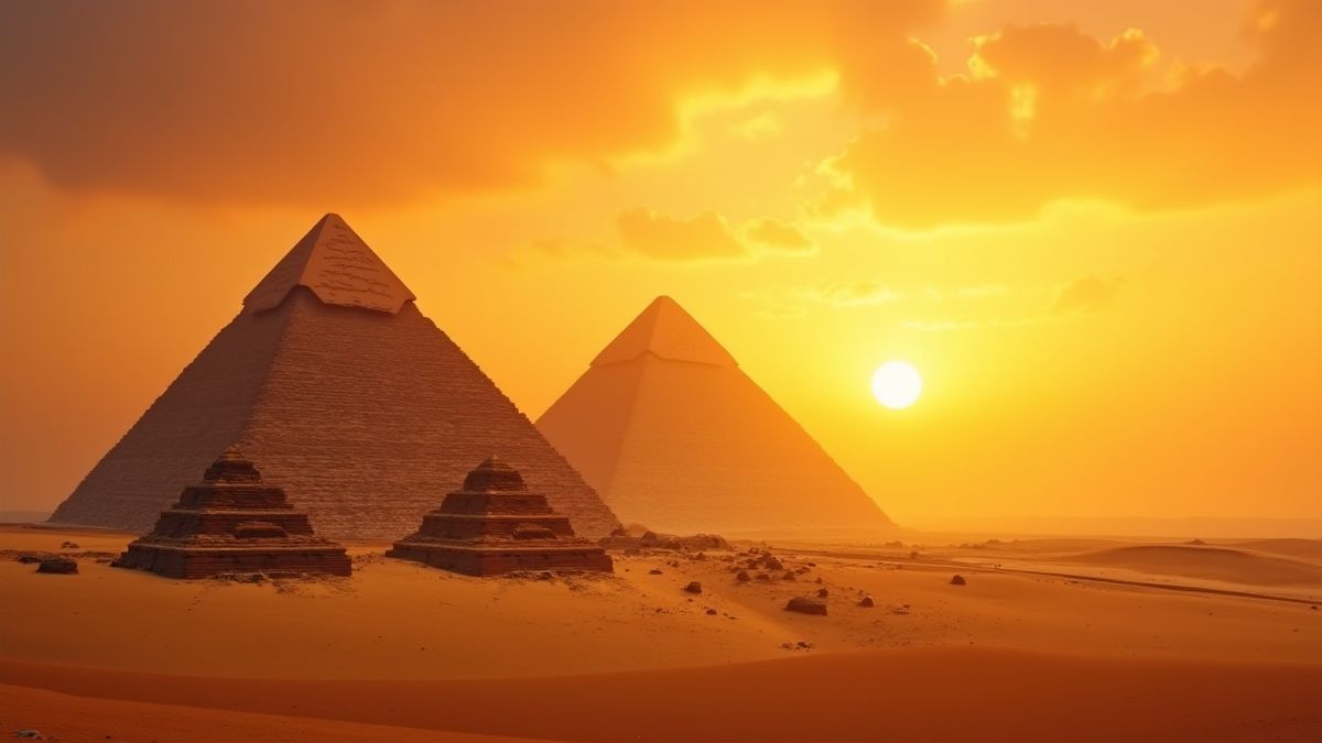 Pirámides doradas onder een Egyptische zonsondergang.