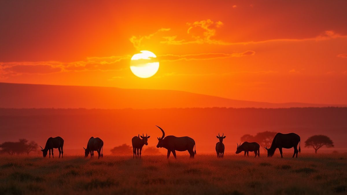 Sabana africana com animais sob um pôr do sol.