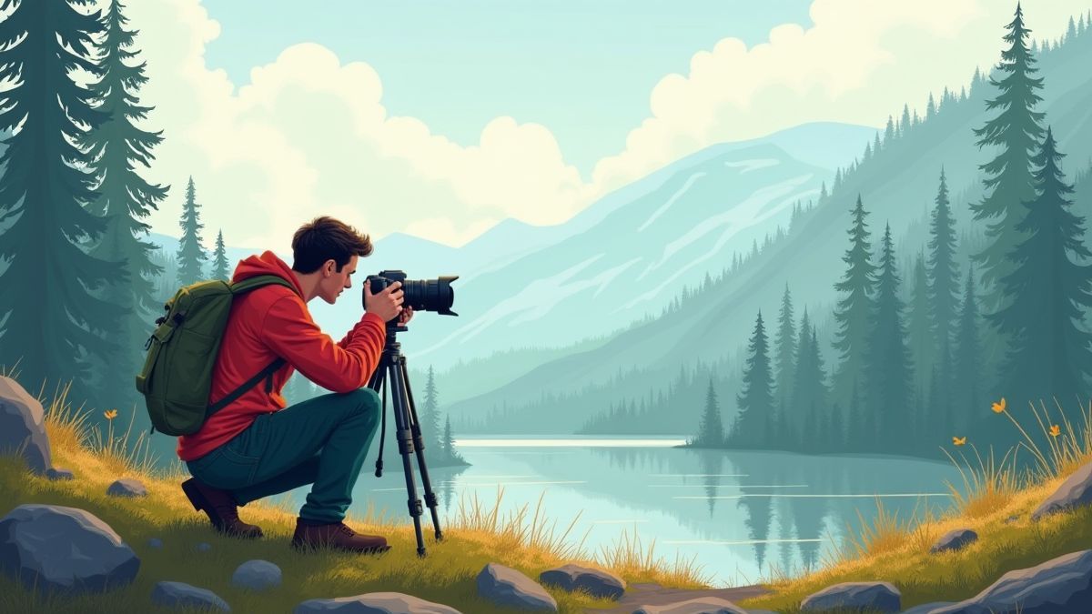 Fotógrafo preparando uma câmera na natureza.