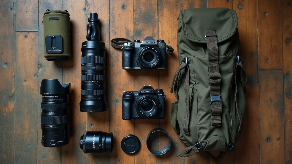 Câmera e equipamento de safari prontos para uma expedição.
