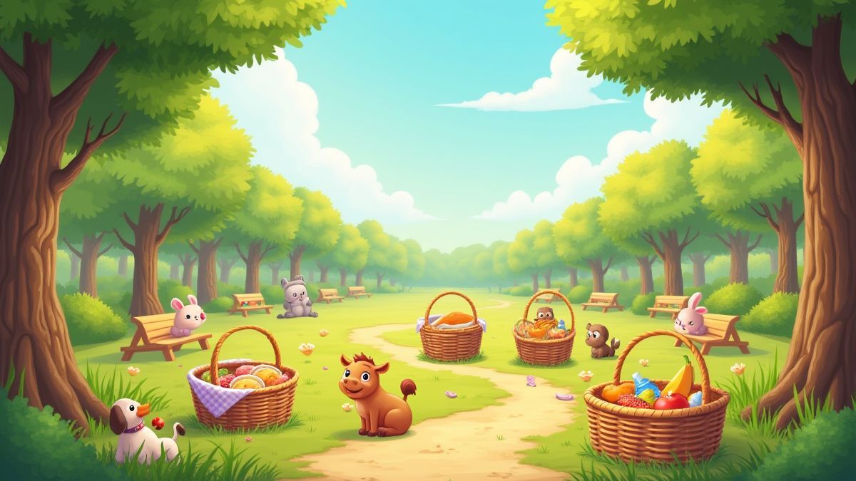 Parc ensoleillé avec des paniers de pique-nique et des animaux espiègles.