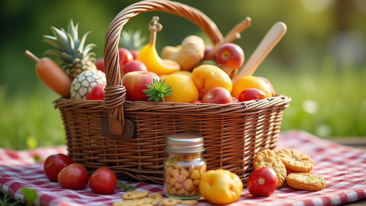 Panier de pique-nique débordant de nourriture et de jetons de casino.
