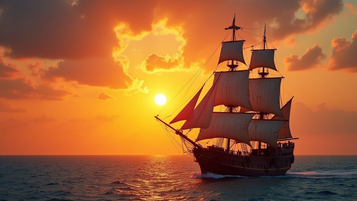 Un barco pirata navegando en el océano al atardecer.