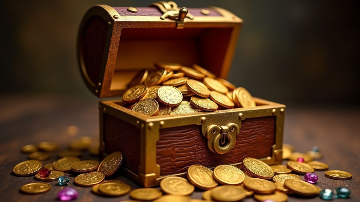 Un cofre del tesoro lleno de monedas de oro y joyas.